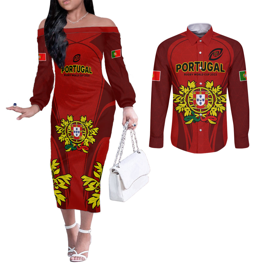 portugal-rugby-couples-matching-off-the-shoulder-long-sleeve-dress-and-long-sleeve-button-shirts-the-wolves-world-cup-2023-go-os-lobos