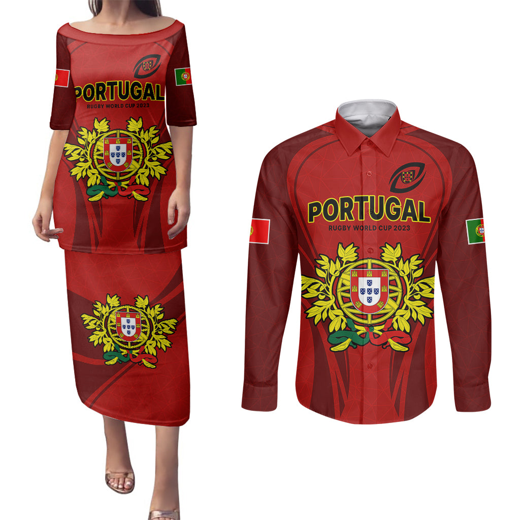 Portugal Rugby Couples Matching Puletasi Dress and Long Sleeve Button Shirts The Wolves World Cup 2023 Go Os Lobos LT9 - Wonder Print Shop