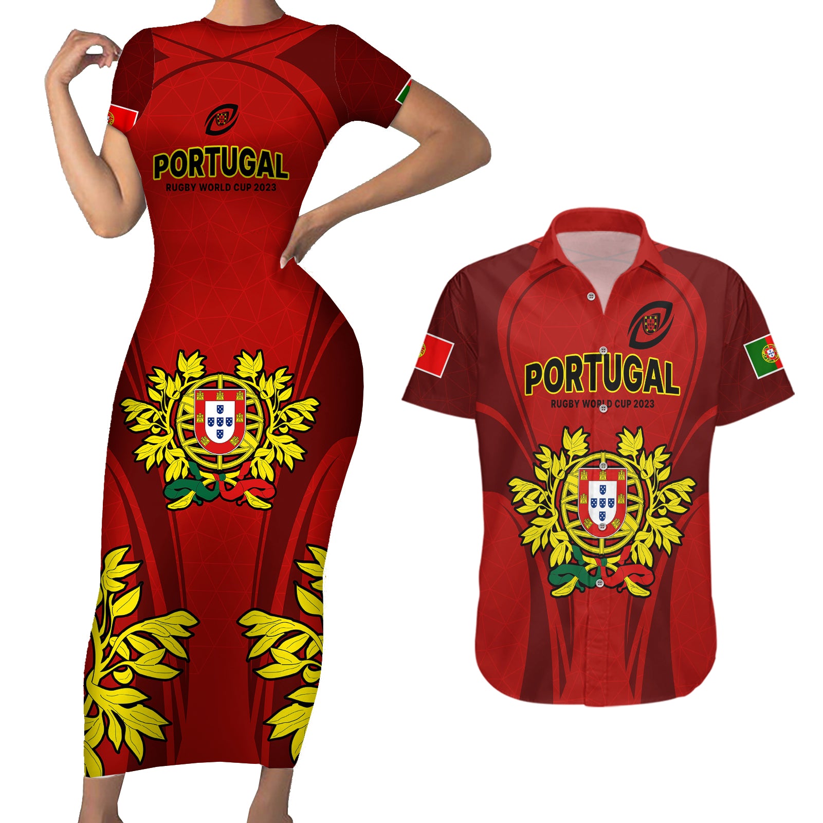 Portugal Rugby Couples Matching Short Sleeve Bodycon Dress and Hawaiian Shirt The Wolves World Cup 2023 Go Os Lobos LT9 - Wonder Print Shop