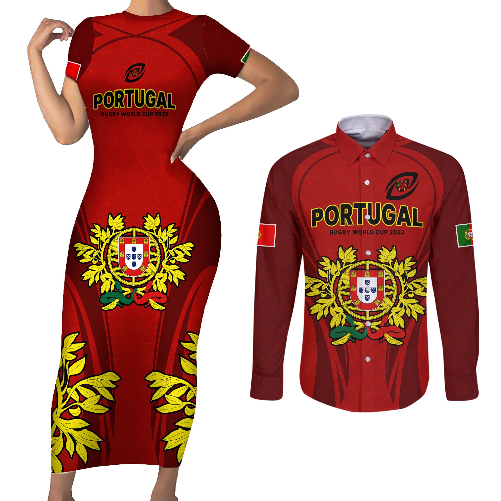 Portugal Rugby Couples Matching Short Sleeve Bodycon Dress and Long Sleeve Button Shirts The Wolves World Cup 2023 Go Os Lobos LT9 - Wonder Print Shop