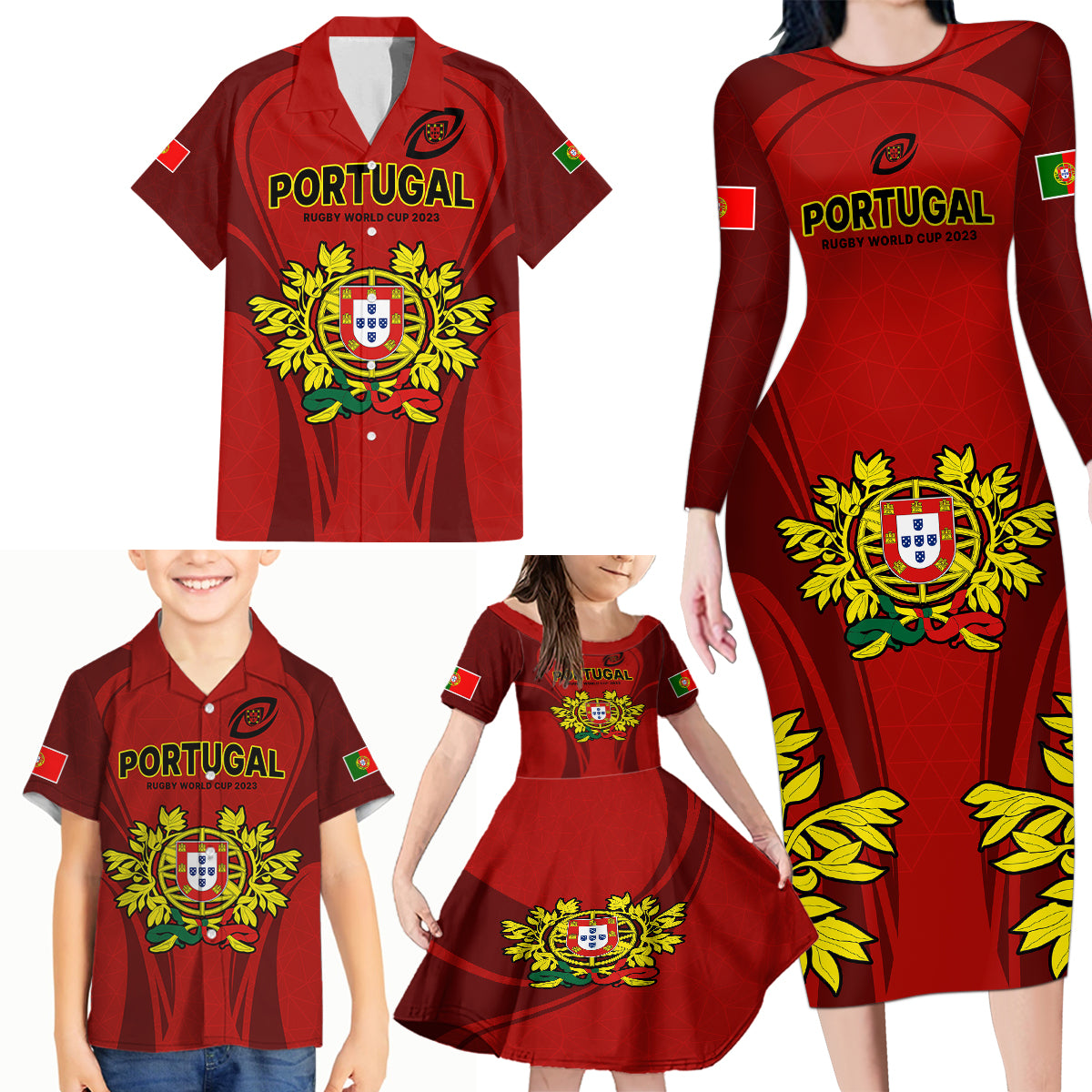 Portugal Rugby Family Matching Long Sleeve Bodycon Dress and Hawaiian Shirt The Wolves World Cup 2023 Go Os Lobos LT9 - Wonder Print Shop