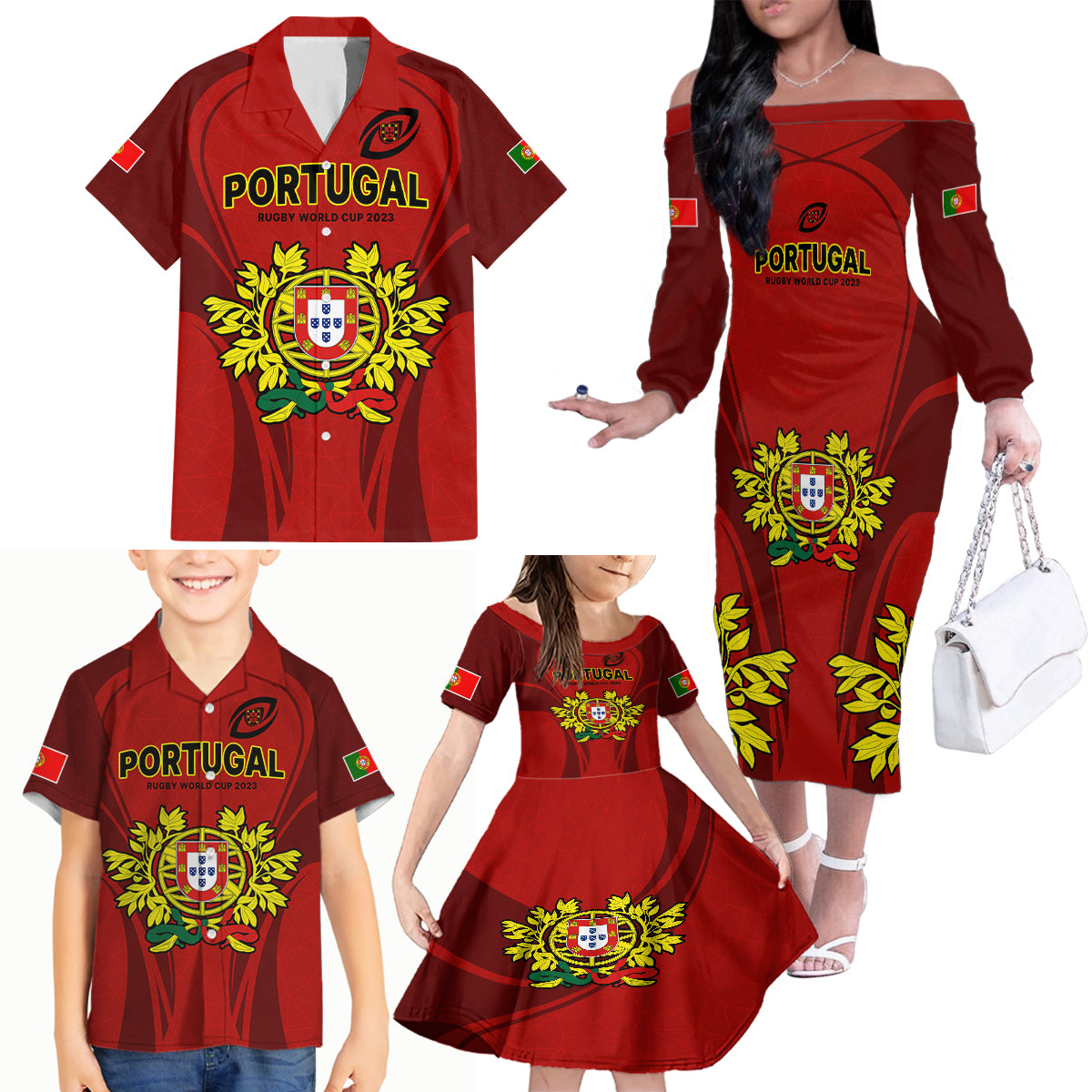 Portugal Rugby Family Matching Off Shoulder Long Sleeve Dress and Hawaiian Shirt The Wolves World Cup 2023 Go Os Lobos - Wonder Print Shop