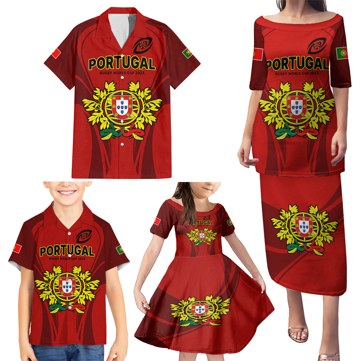 Portugal Rugby Family Matching Puletasi Dress and Hawaiian Shirt The Wolves World Cup 2023 Go Os Lobos - Wonder Print Shop