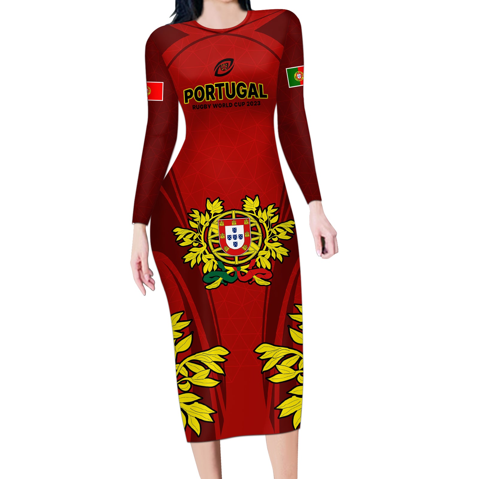 Portugal Rugby Long Sleeve Bodycon Dress The Wolves World Cup 2023 Go Os Lobos - Wonder Print Shop