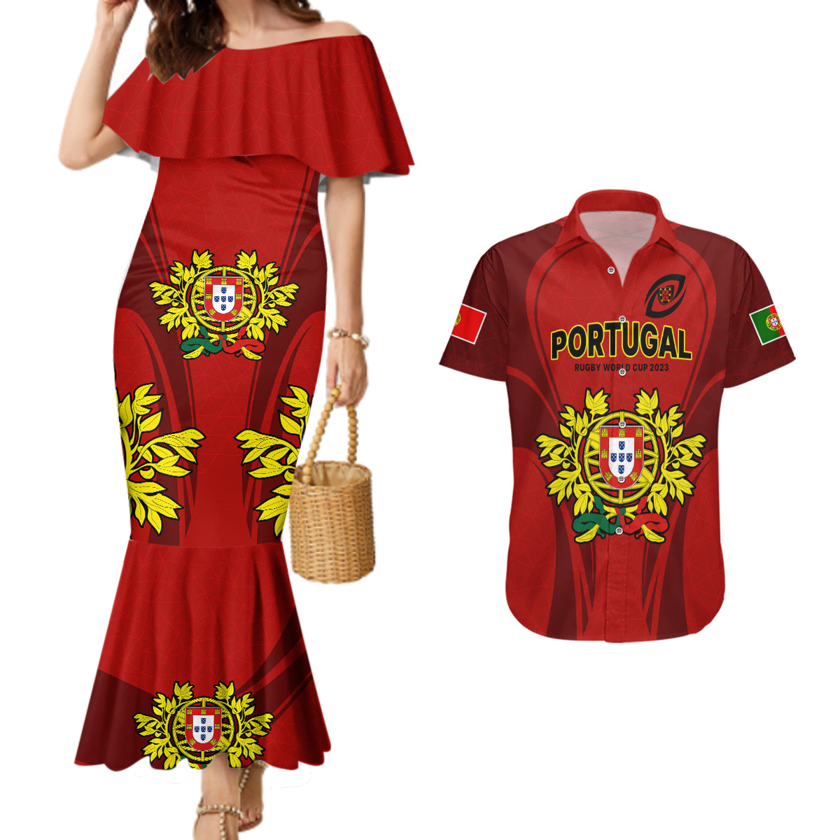 Custom Portugal Rugby Couples Matching Mermaid Dress and Hawaiian Shirt The Wolves World Cup 2023 Go Os Lobos LT9 - Wonder Print Shop