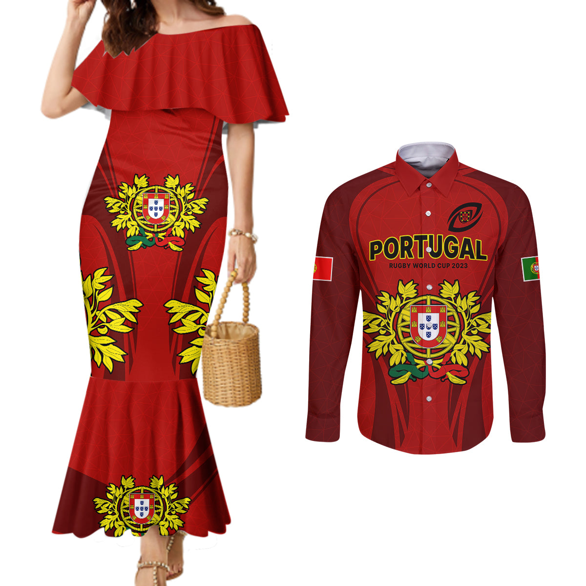 custom-portugal-rugby-couples-matching-mermaid-dress-and-long-sleeve-button-shirts-the-wolves-world-cup-2023-go-os-lobos