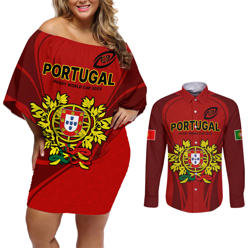 Custom Portugal Rugby Couples Matching Off Shoulder Short Dress and Long Sleeve Button Shirts The Wolves World Cup 2023 Go Os Lobos LT9 - Wonder Print Shop