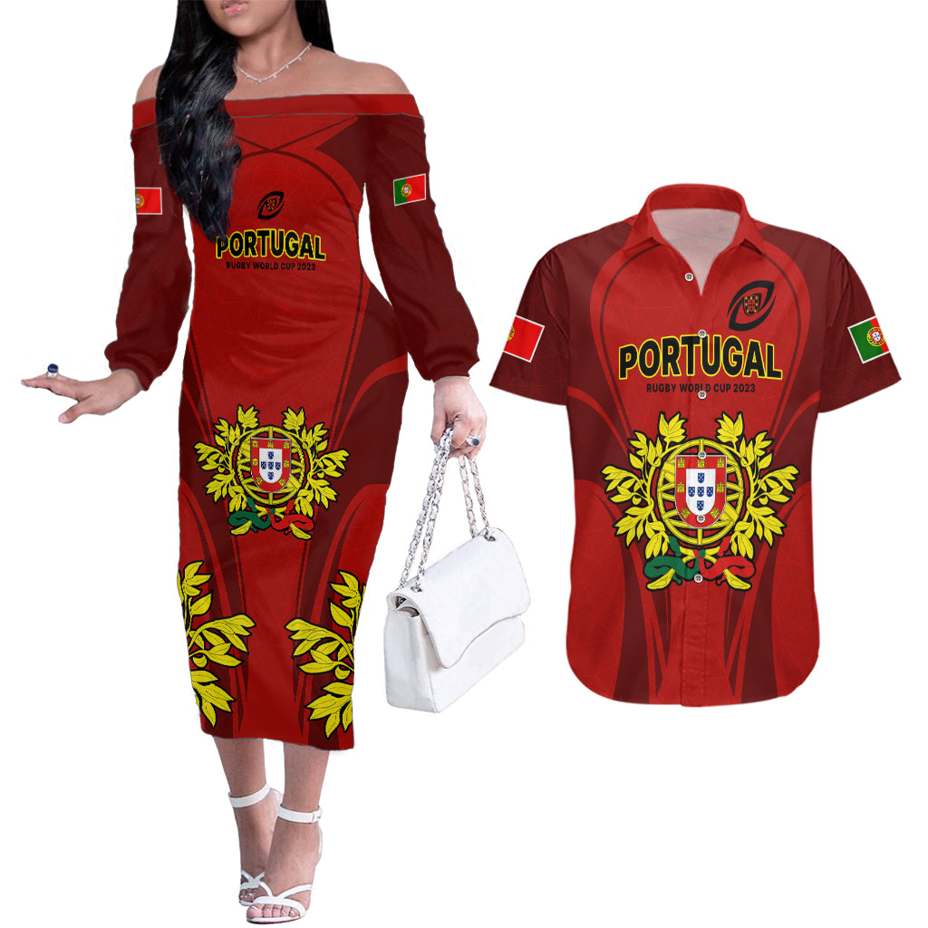 Custom Portugal Rugby Couples Matching Off The Shoulder Long Sleeve Dress and Hawaiian Shirt The Wolves World Cup 2023 Go Os Lobos LT9 - Wonder Print Shop