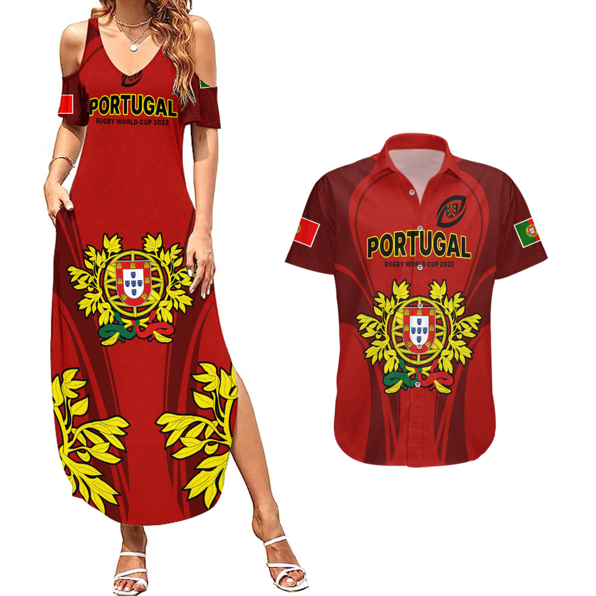 Custom Portugal Rugby Couples Matching Summer Maxi Dress and Hawaiian Shirt The Wolves World Cup 2023 Go Os Lobos LT9 - Wonder Print Shop