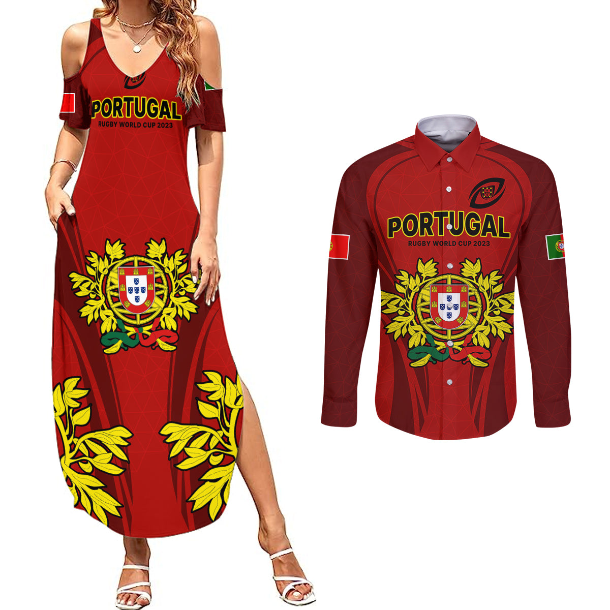 Custom Portugal Rugby Couples Matching Summer Maxi Dress and Long Sleeve Button Shirts The Wolves World Cup 2023 Go Os Lobos LT9 - Wonder Print Shop