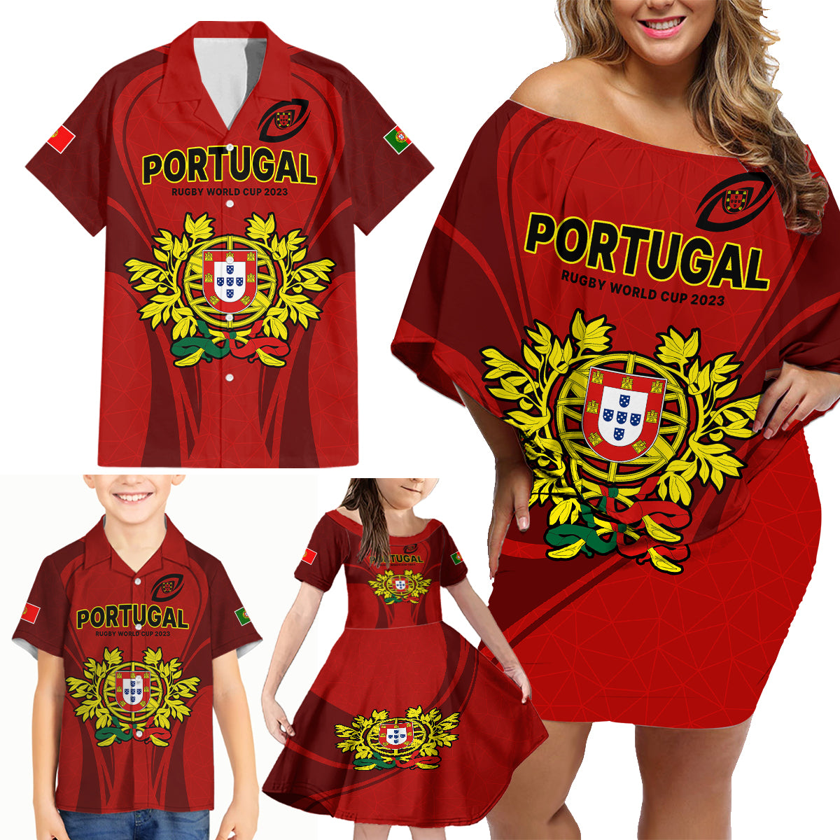 Custom Portugal Rugby Family Matching Off Shoulder Short Dress and Hawaiian Shirt The Wolves World Cup 2023 Go Os Lobos LT9 - Wonder Print Shop