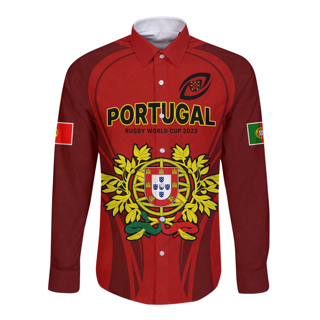 Red long-sleeve rugby button shirt with Portugal crest chest graphic