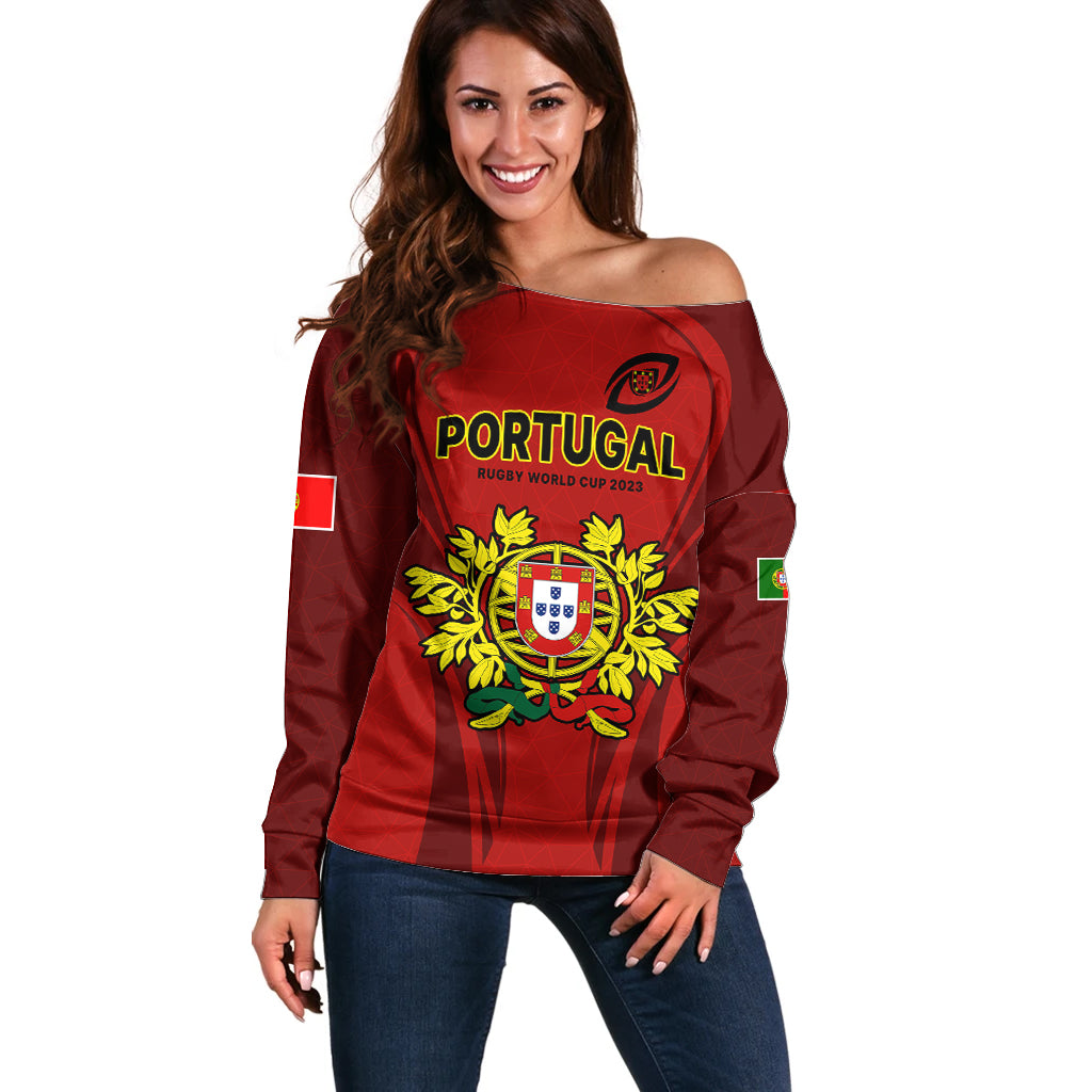 Custom Portugal Rugby Off Shoulder Sweater The Wolves World Cup 2023 Go Os Lobos - Wonder Print Shop