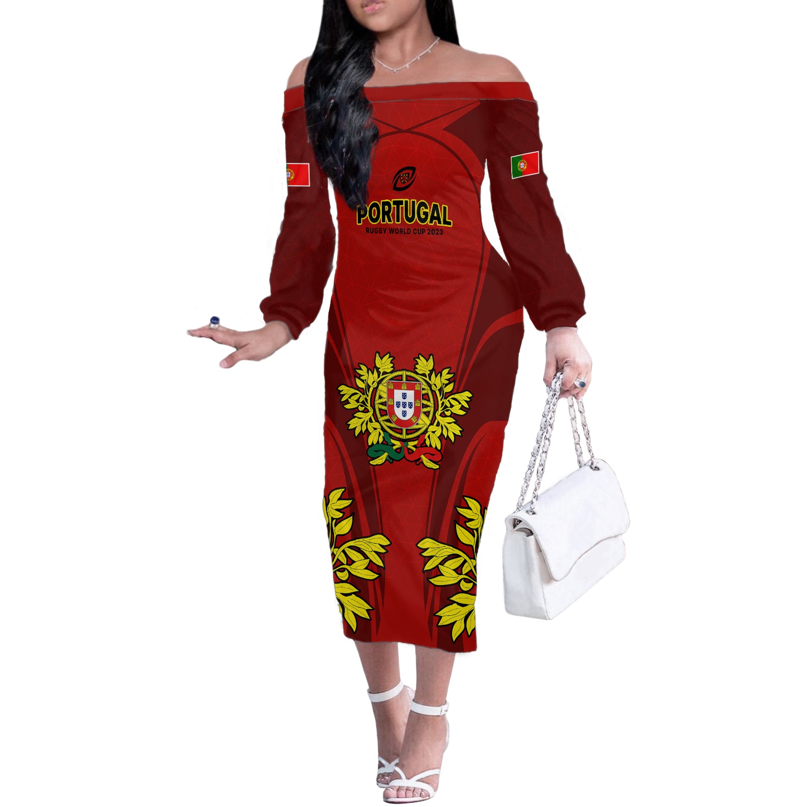 Custom Portugal Rugby Off The Shoulder Long Sleeve Dress The Wolves World Cup 2023 Go Os Lobos - Wonder Print Shop