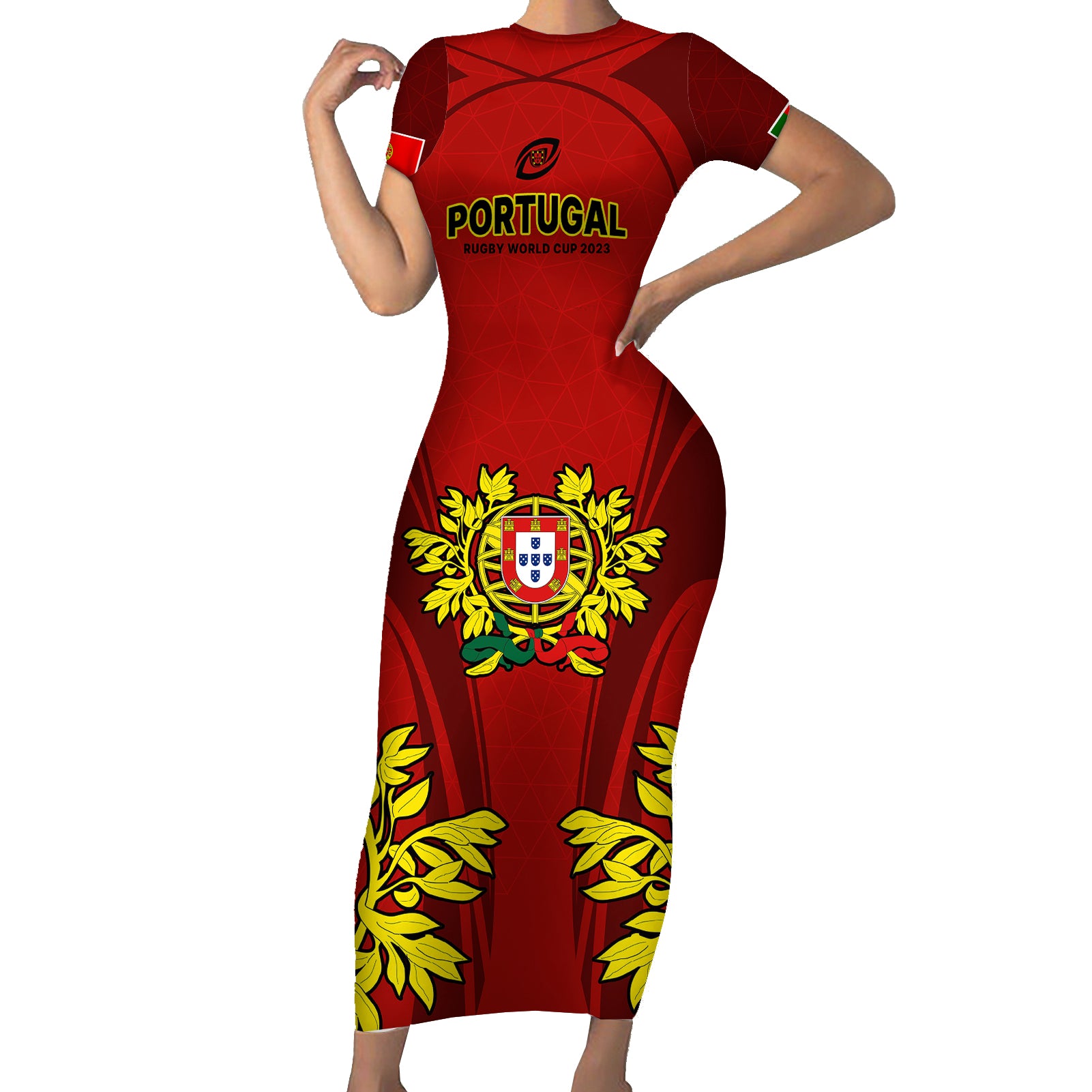 Custom Portugal Rugby Short Sleeve Bodycon Dress The Wolves World Cup 2023 Go Os Lobos - Wonder Print Shop