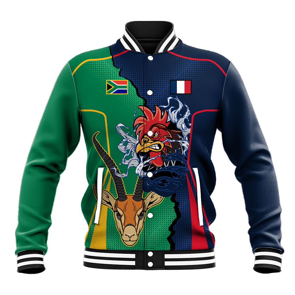 Unisex multicolor rugby baseball jacket with button front, ribbed collar, front mascot graphic