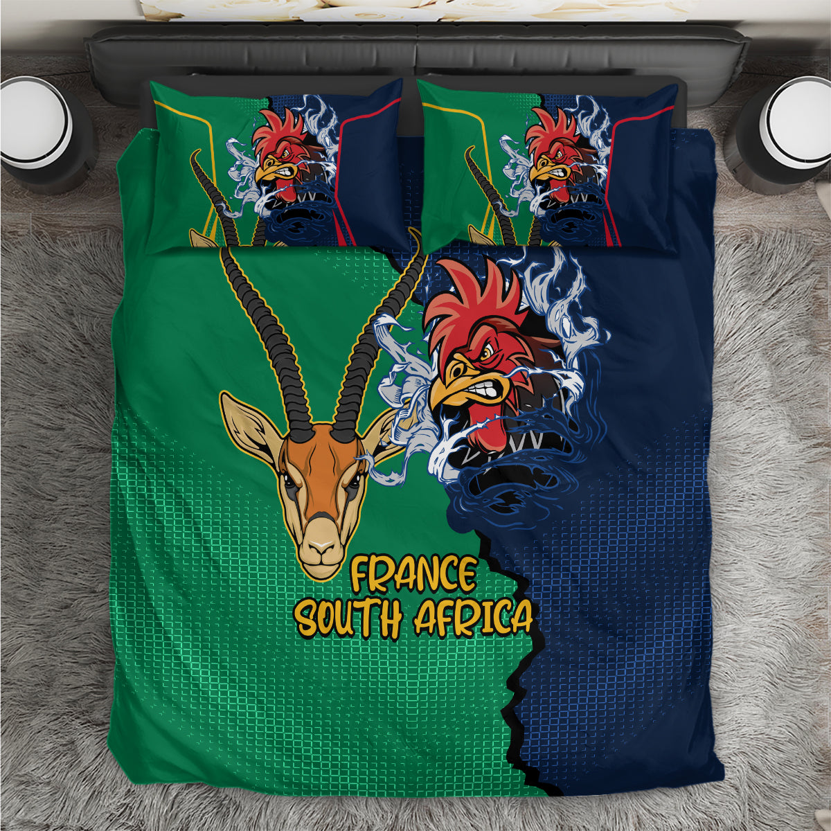 Rugby bedding set with green/blue rooster and springbok prints, 'FRANCE SOUTH AFRICA' duvet