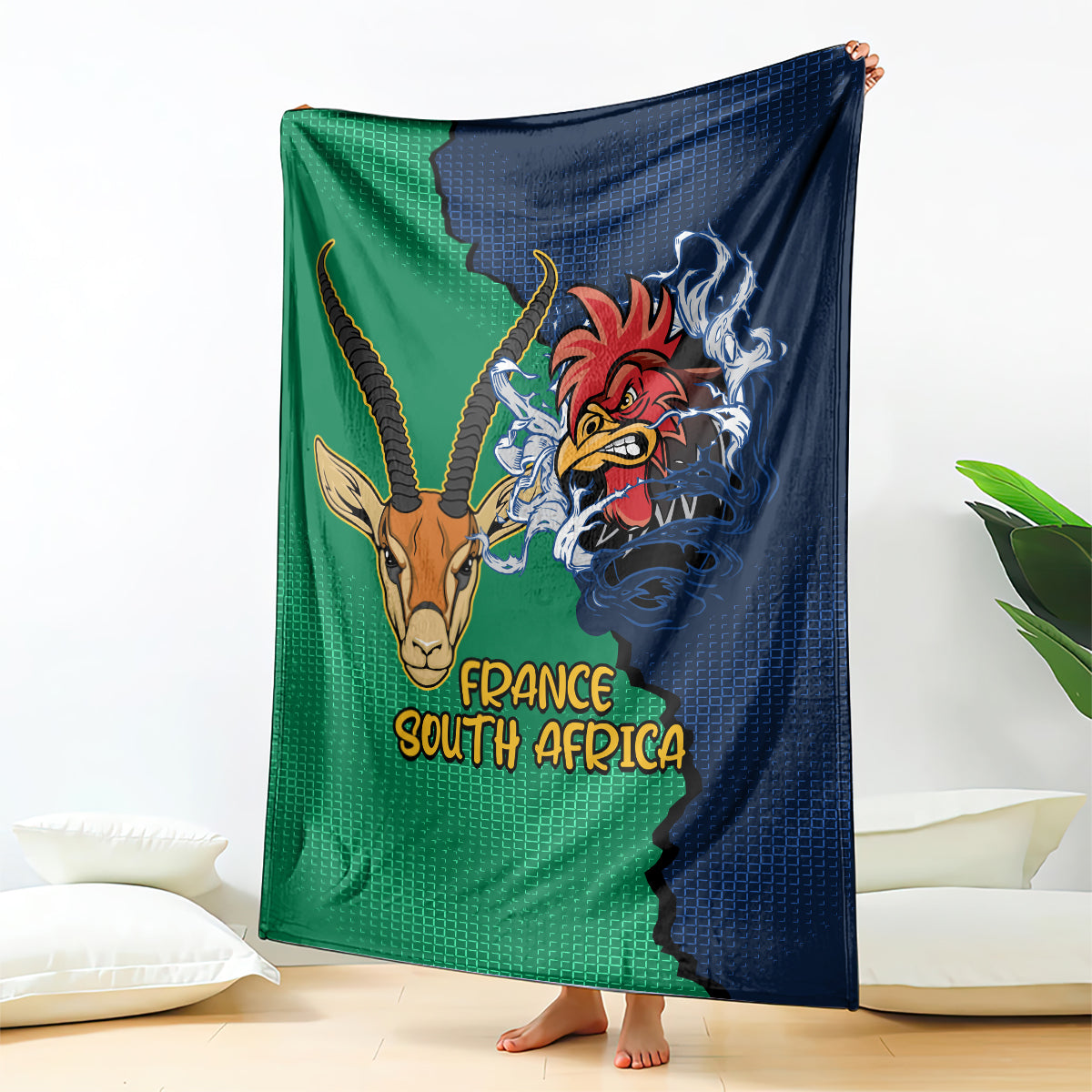 Rugby blanket with France and South Africa graphics, green and blue split design