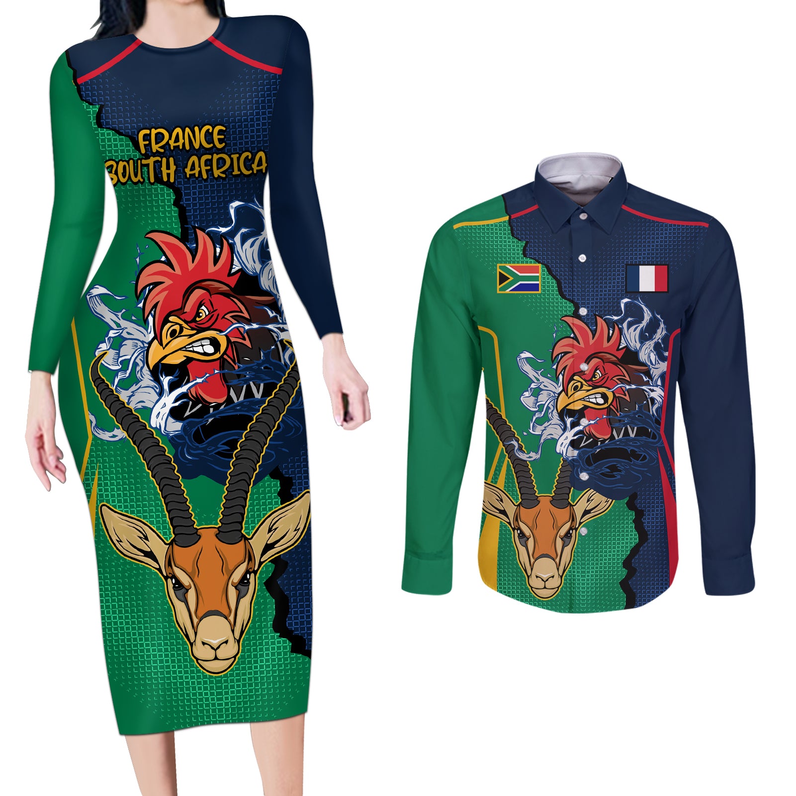 France South Africa Rugby Couples Matching Long Sleeve Bodycon Dress and Long Sleeve Button Shirts Springboks and Gallic Rooster World Cup 2023 LT9 - Wonder Print Shop