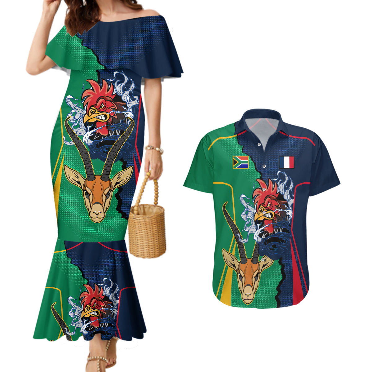 France South Africa Rugby Couples Matching Mermaid Dress and Hawaiian Shirt Springboks and Gallic Rooster World Cup 2023 LT9 - Wonder Print Shop