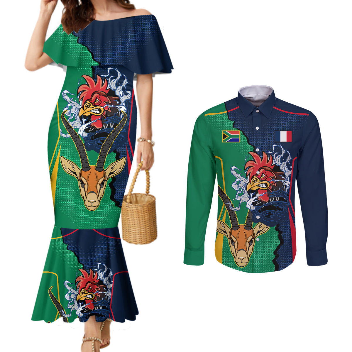 new-zealnd-ireland-rugby-couples-matching-mermaid-dress-and-long-sleeve-button-shirts-warrior-black-fern-and-shamrocks-world-cup-2023