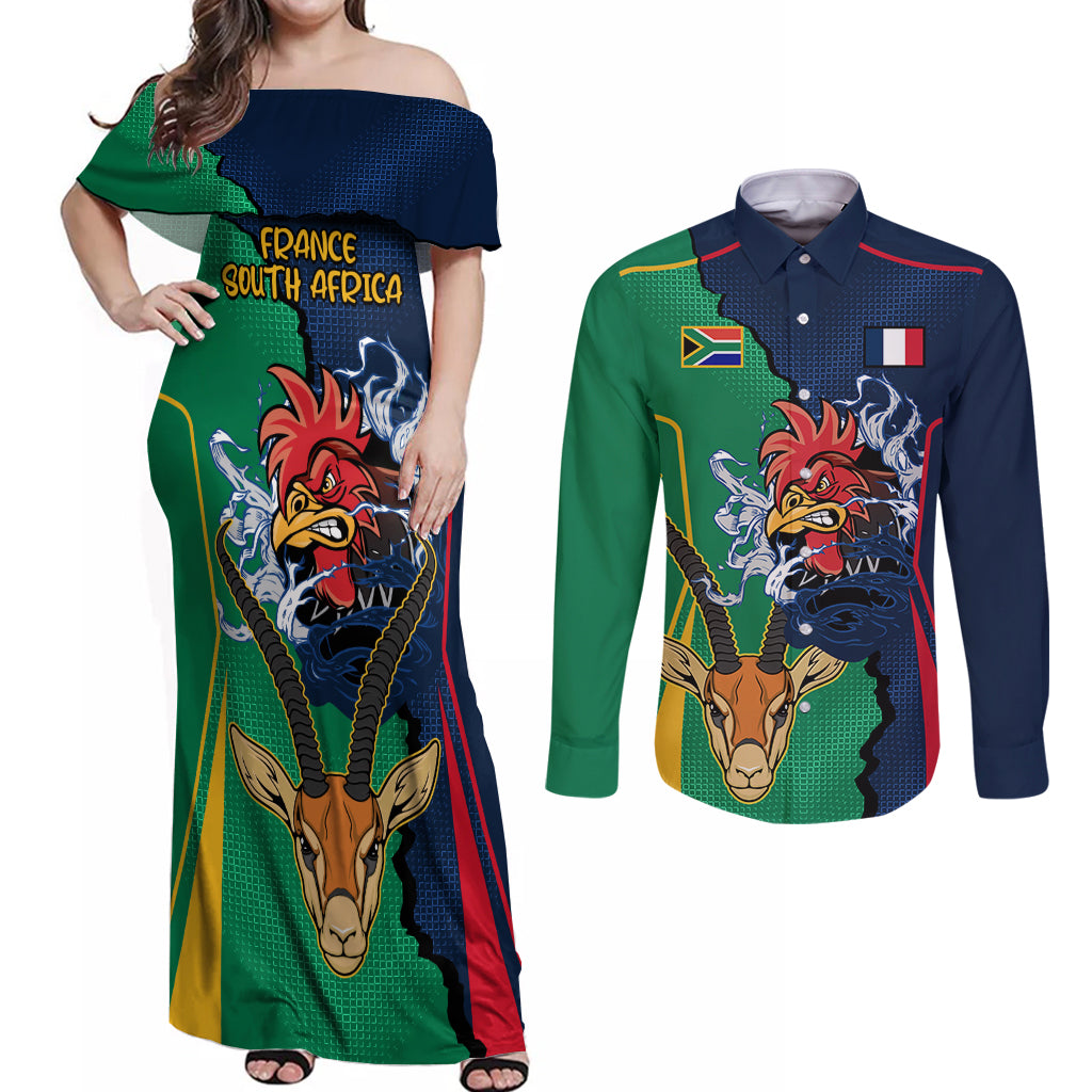 France South Africa Rugby Couples Matching Off Shoulder Maxi Dress and Long Sleeve Button Shirts Springboks and Gallic Rooster World Cup 2023 LT9 - Wonder Print Shop