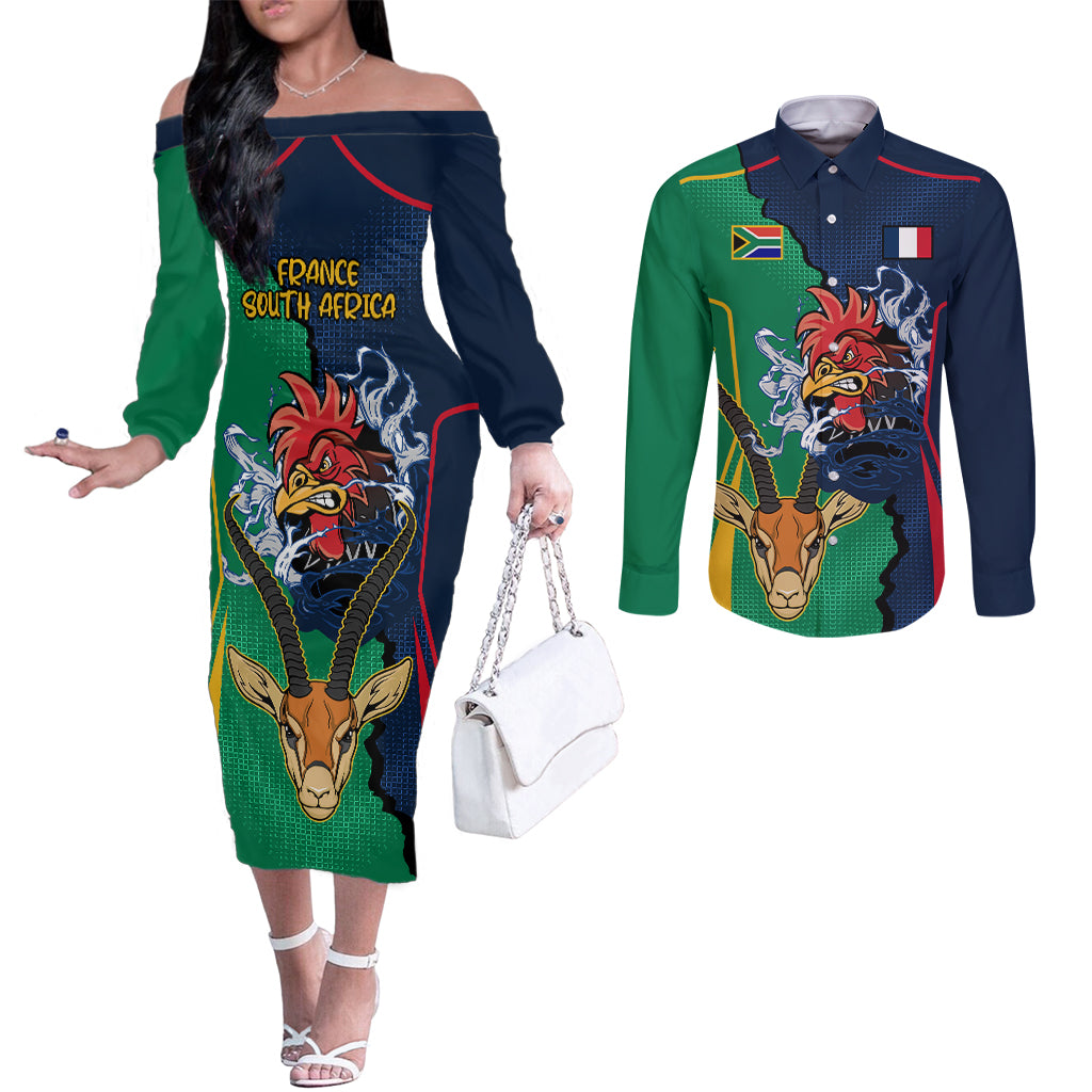 new-zealnd-ireland-rugby-couples-matching-off-the-shoulder-long-sleeve-dress-and-long-sleeve-button-shirts-warrior-black-fern-and-shamrocks-world-cup-2023