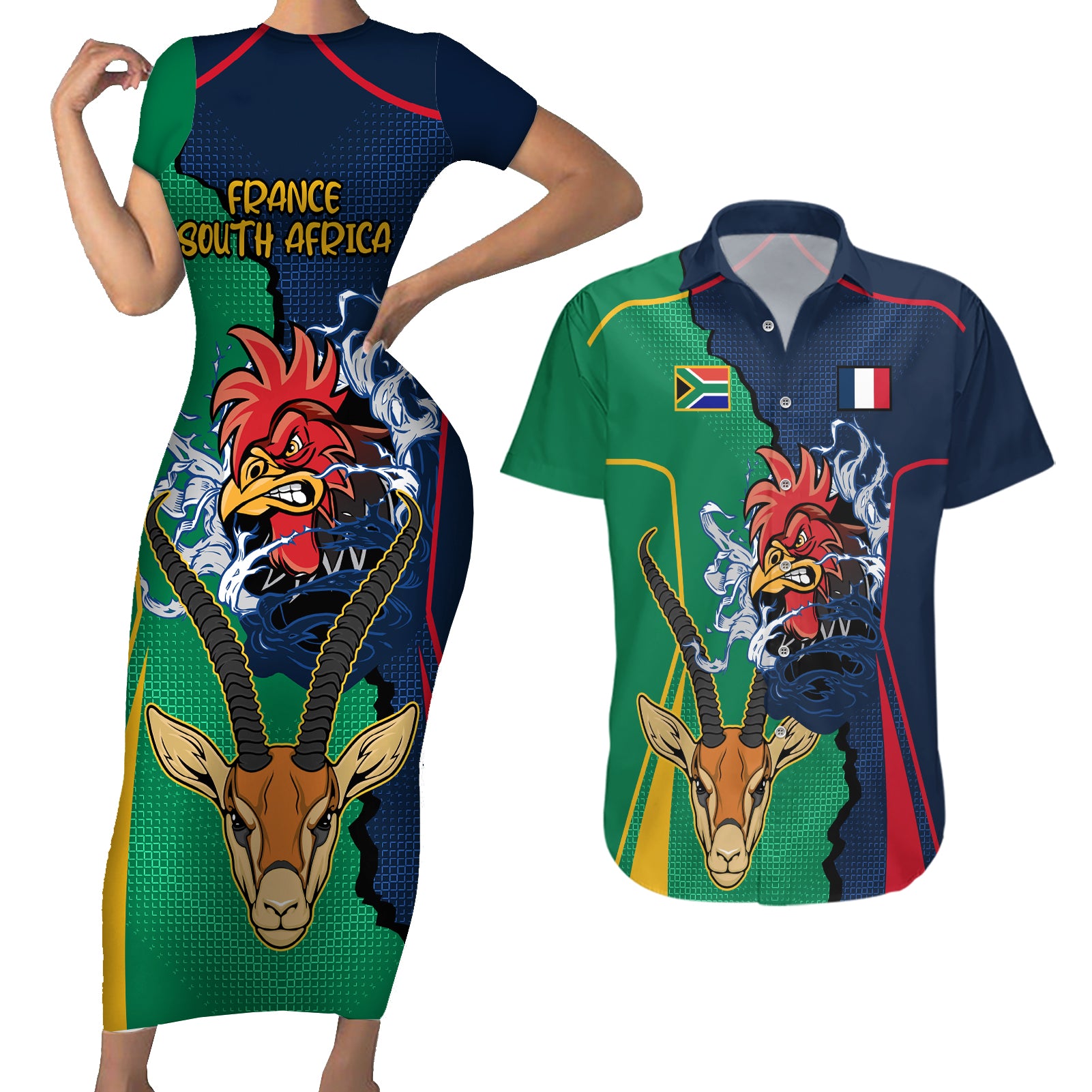 France South Africa Rugby Couples Matching Short Sleeve Bodycon Dress and Hawaiian Shirt Springboks and Gallic Rooster World Cup 2023 LT9 - Wonder Print Shop