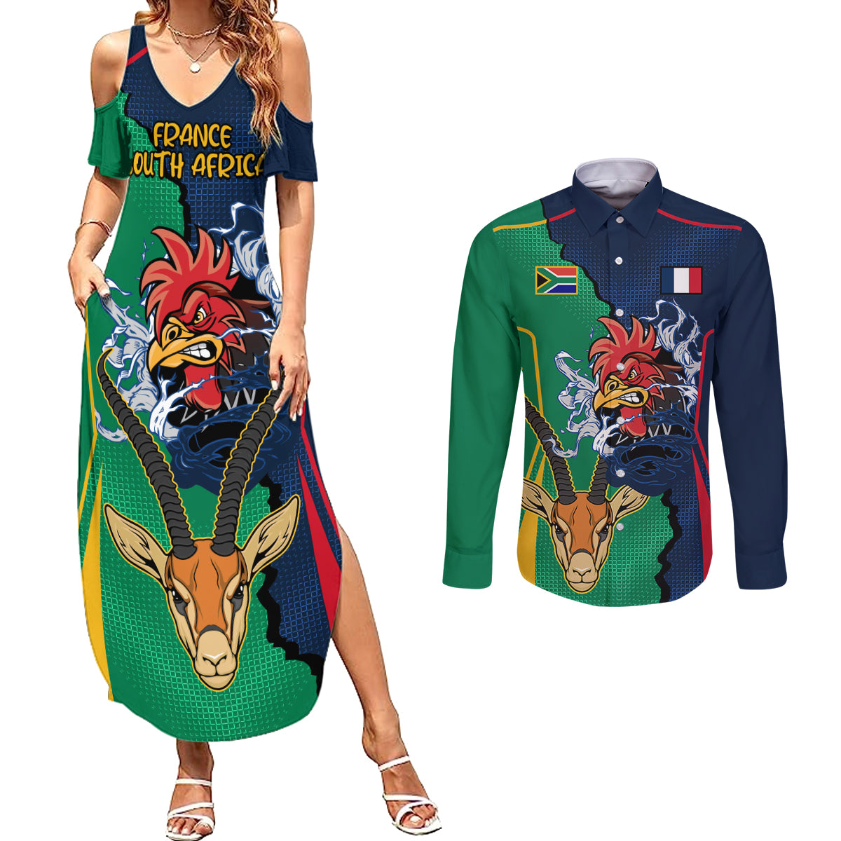 France South Africa Rugby Couples Matching Summer Maxi Dress and Long Sleeve Button Shirts Springboks and Gallic Rooster World Cup 2023 LT9 - Wonder Print Shop