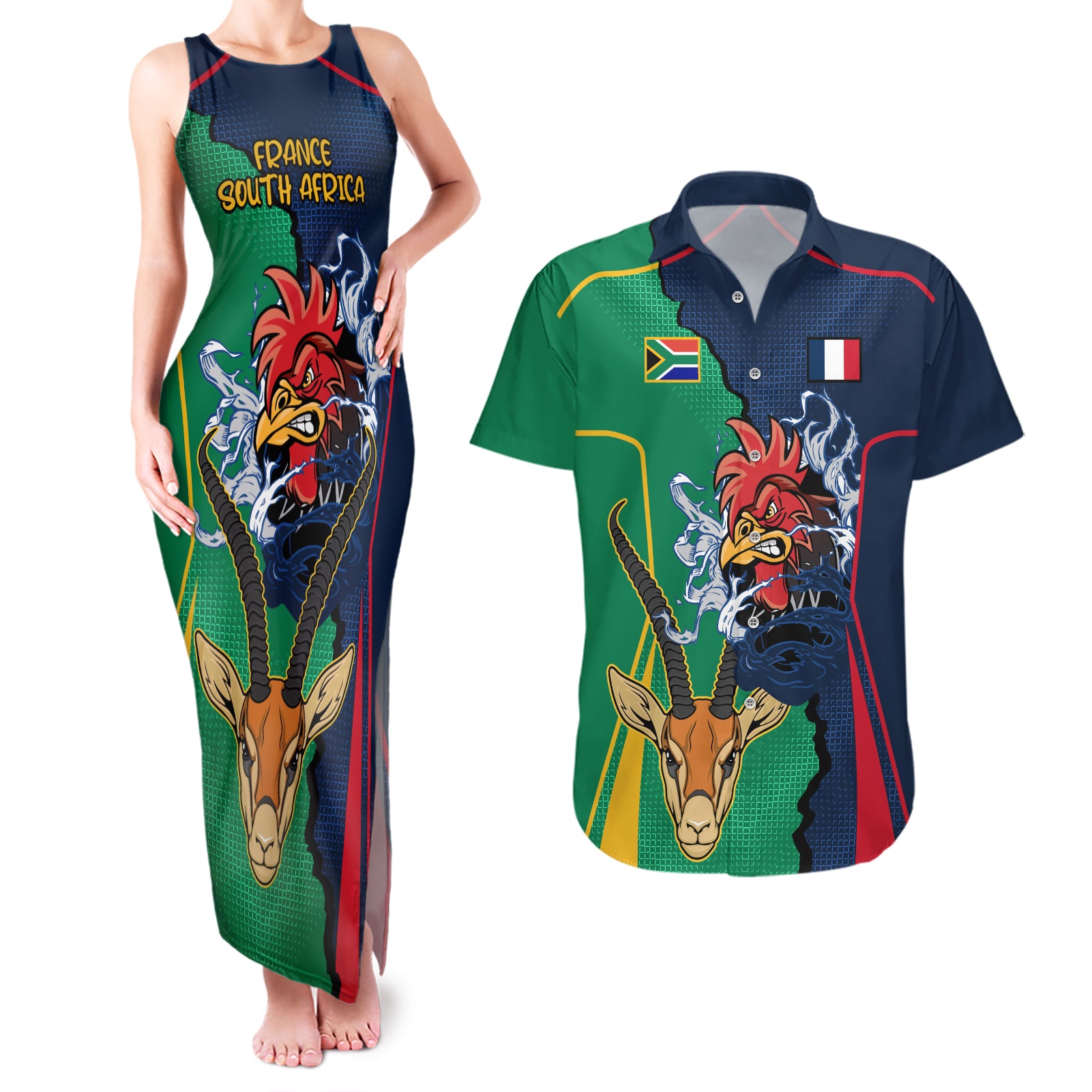 France South Africa Rugby Couples Matching Tank Maxi Dress and Hawaiian Shirt Springboks and Gallic Rooster World Cup 2023 LT9 - Wonder Print Shop