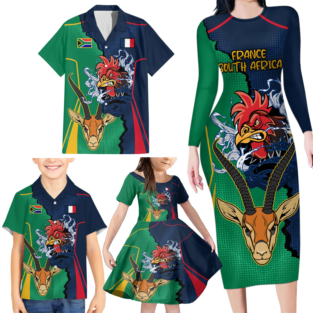 France South Africa Rugby Family Matching Long Sleeve Bodycon Dress and Hawaiian Shirt Springboks and Gallic Rooster World Cup 2023 LT9 - Wonder Print Shop