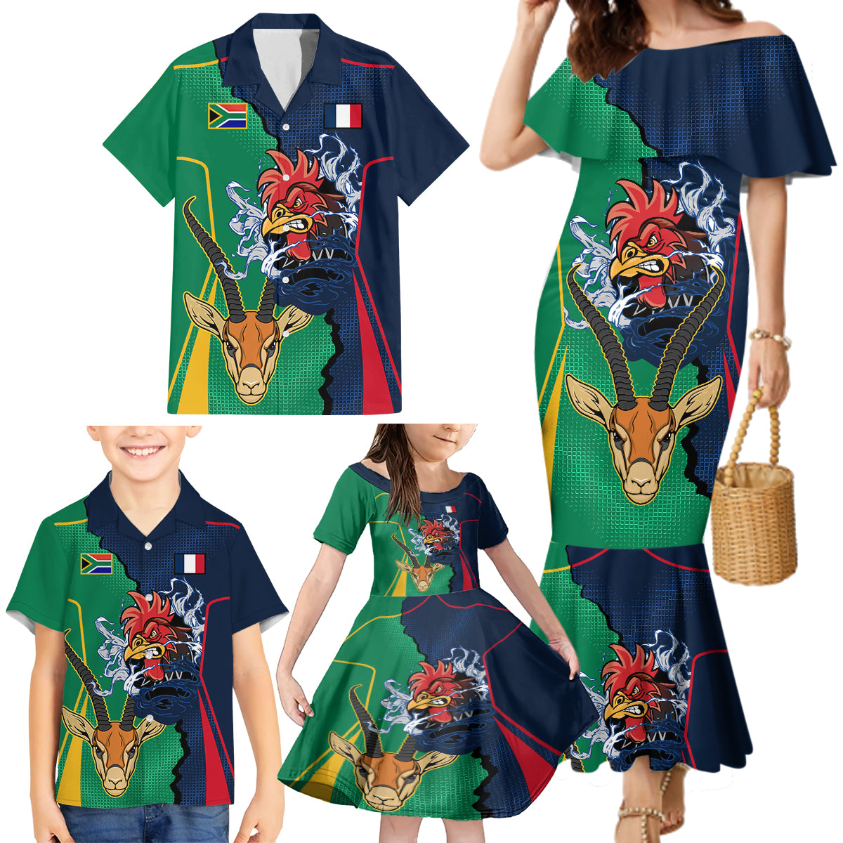 France South Africa Rugby Family Matching Mermaid Dress and Hawaiian Shirt Springboks and Gallic Rooster World Cup 2023 LT9 - Wonder Print Shop