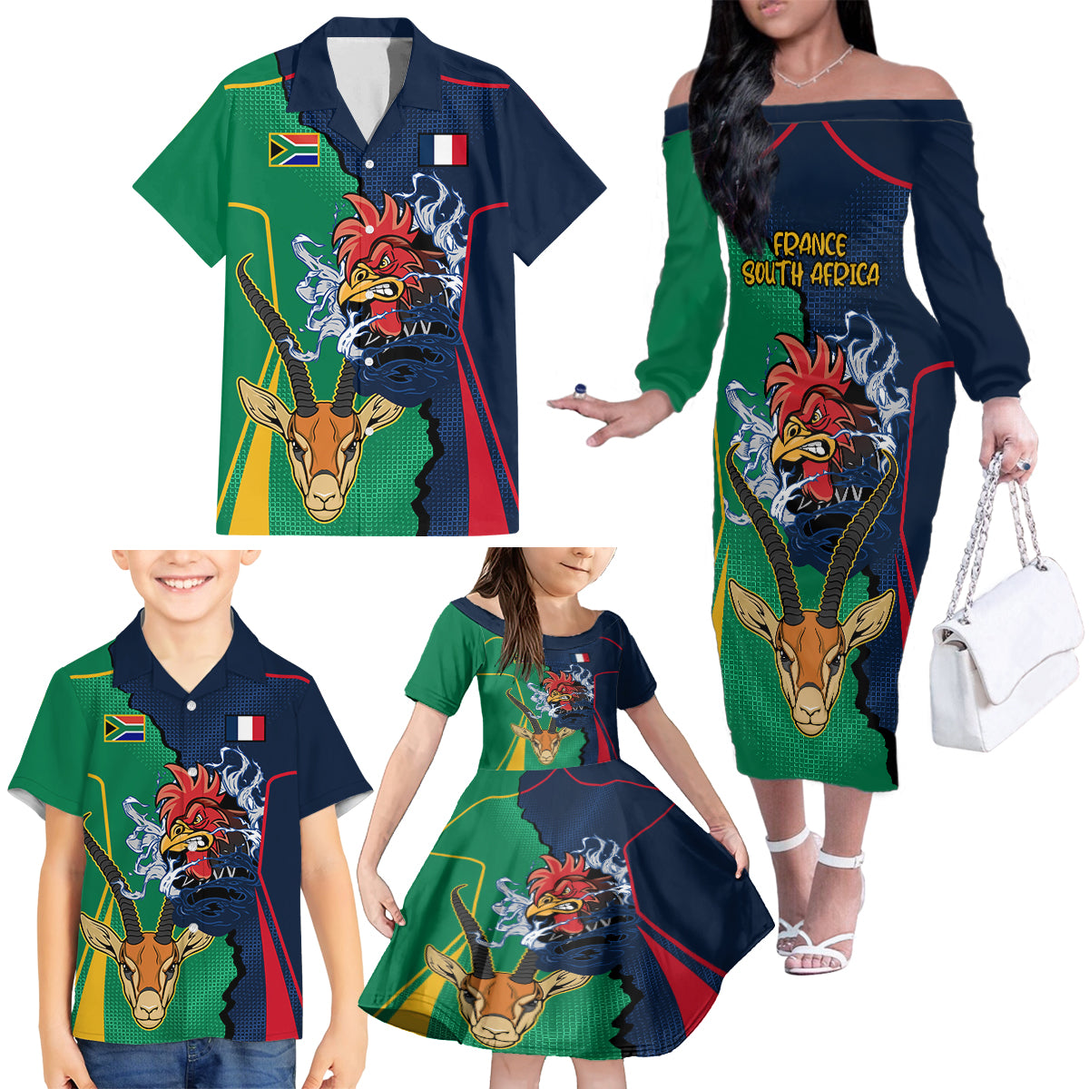 France South Africa Rugby Family Matching Off Shoulder Long Sleeve Dress and Hawaiian Shirt Springboks and Gallic Rooster World Cup 2023 - Wonder Print Shop