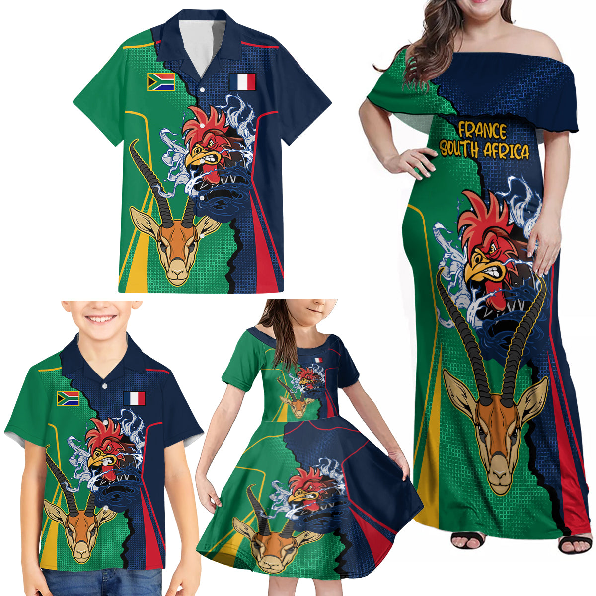 France South Africa Rugby Family Matching Off Shoulder Maxi Dress and Hawaiian Shirt Springboks and Gallic Rooster World Cup 2023 LT9 - Wonder Print Shop