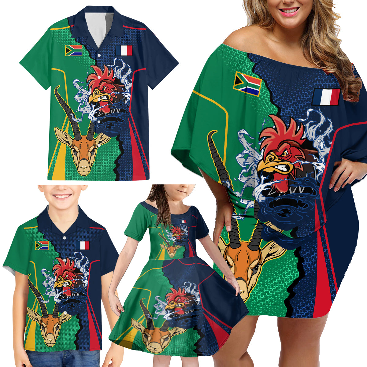 France South Africa Rugby Family Matching Off Shoulder Short Dress and Hawaiian Shirt Springboks and Gallic Rooster World Cup 2023 LT9 - Wonder Print Shop