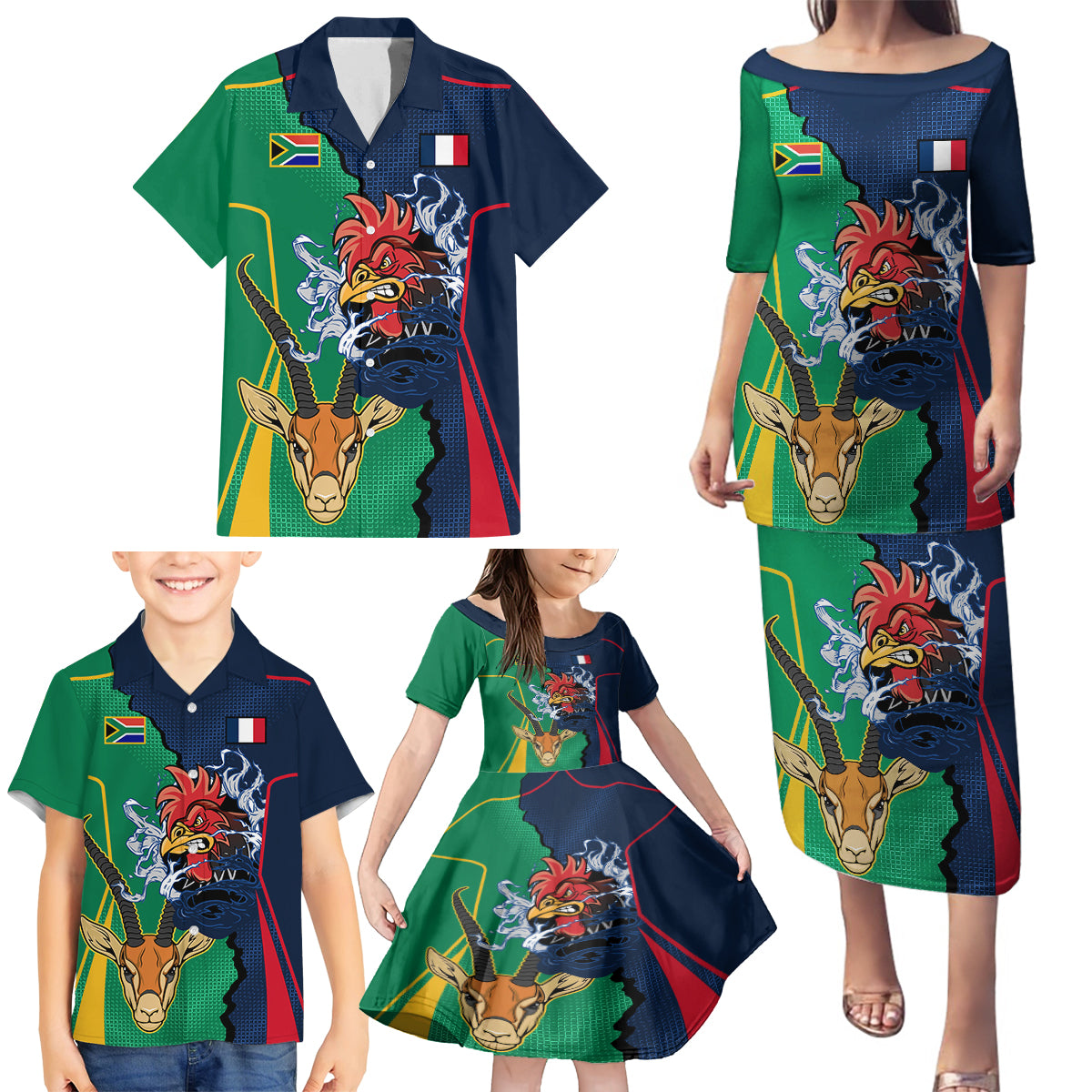 France South Africa Rugby Family Matching Puletasi Dress and Hawaiian Shirt Springboks and Gallic Rooster World Cup 2023 - Wonder Print Shop