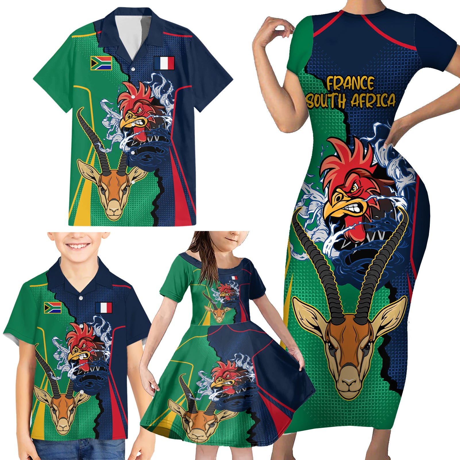 France South Africa Rugby Family Matching Short Sleeve Bodycon Dress and Hawaiian Shirt Springboks and Gallic Rooster World Cup 2023 - Wonder Print Shop