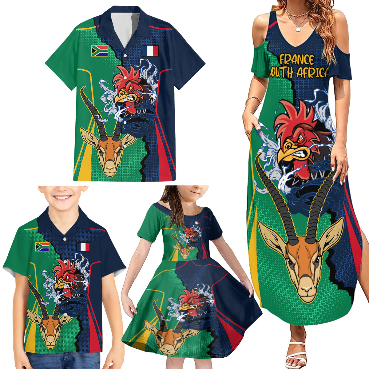 France South Africa Rugby Family Matching Summer Maxi Dress and Hawaiian Shirt Springboks and Gallic Rooster World Cup 2023 - Wonder Print Shop