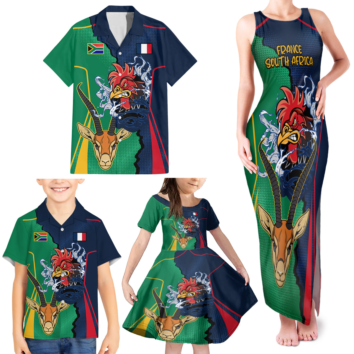 France South Africa Rugby Family Matching Tank Maxi Dress and Hawaiian Shirt Springboks and Gallic Rooster World Cup 2023 - Wonder Print Shop