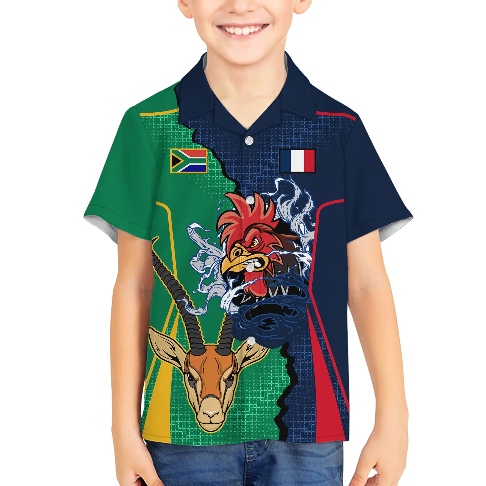 France South Africa Rugby Kid Hawaiian Shirt Springboks and Gallic Rooster World Cup 2023 - Wonder Print Shop