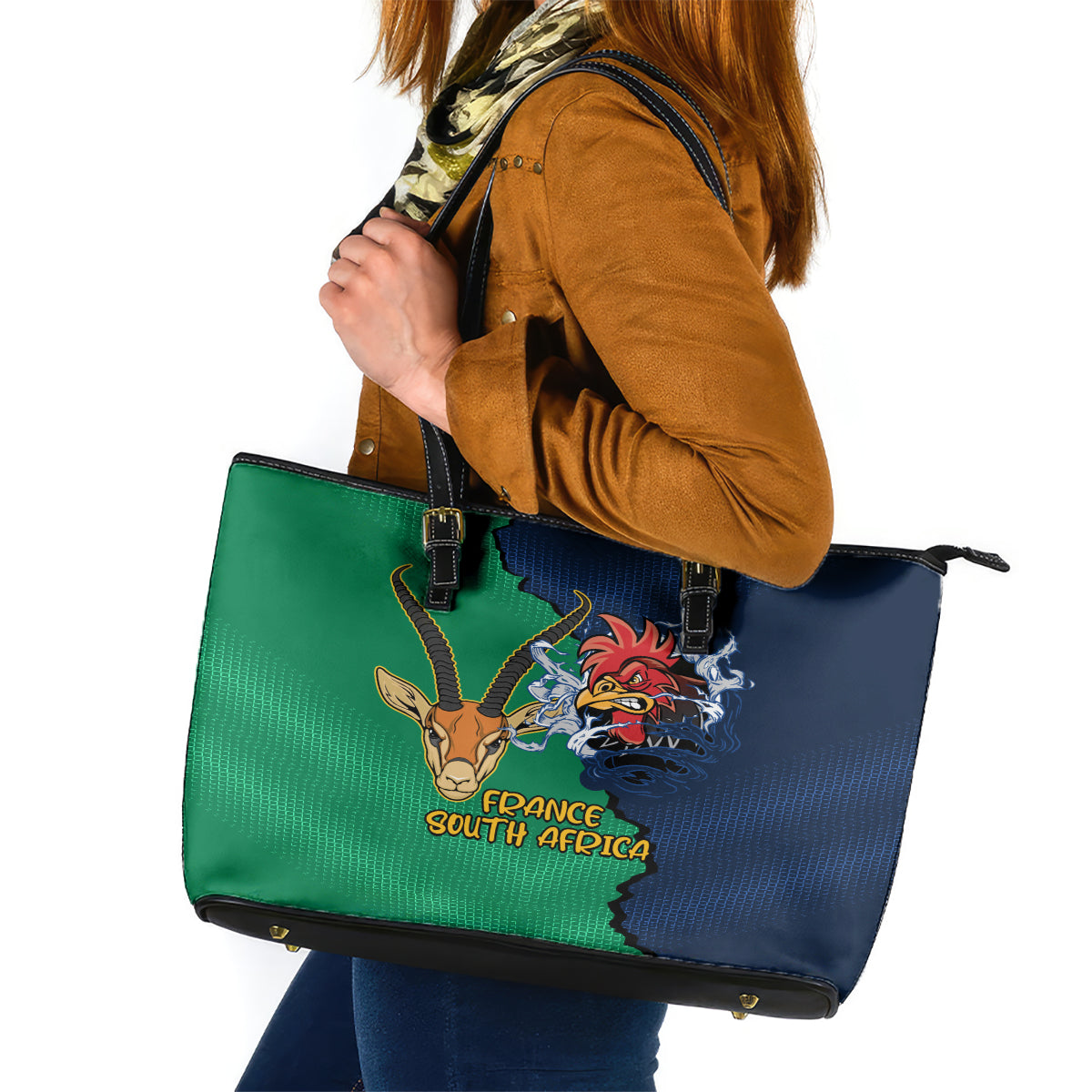 France South Africa Rugby Leather Tote Bag Springboks and Gallic Rooster World Cup 2023 - Wonder Print Shop