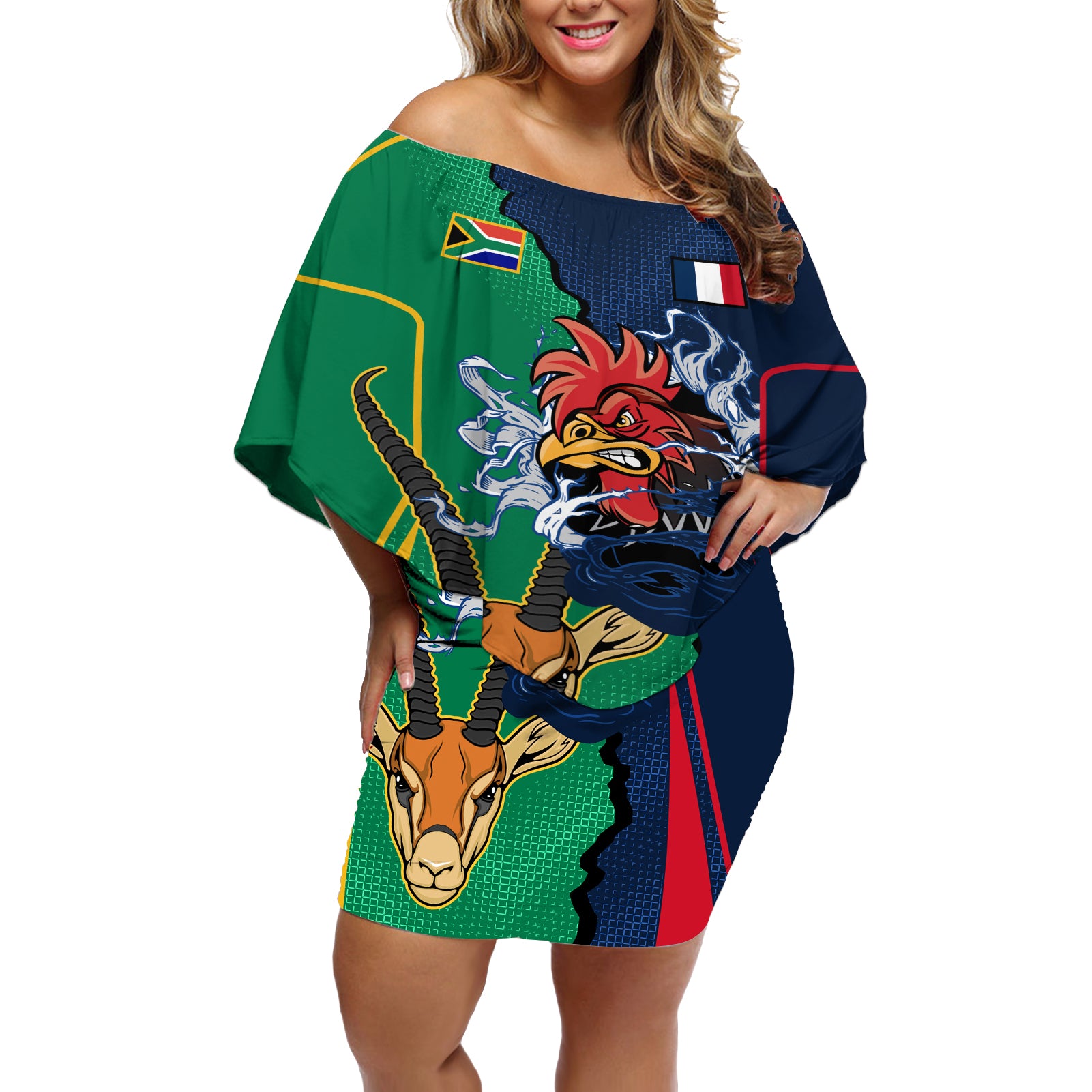 France South Africa Rugby Off Shoulder Short Dress Springboks and Gallic Rooster World Cup 2023 - Wonder Print Shop