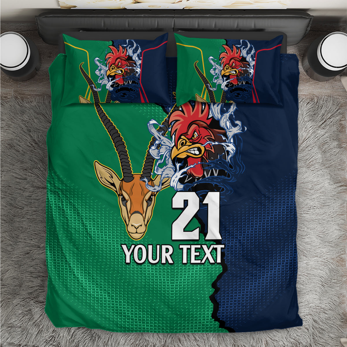 Green & navy rugby bedding set with rooster and bull graphic, '21 YOUR TEXT', pillowcases
