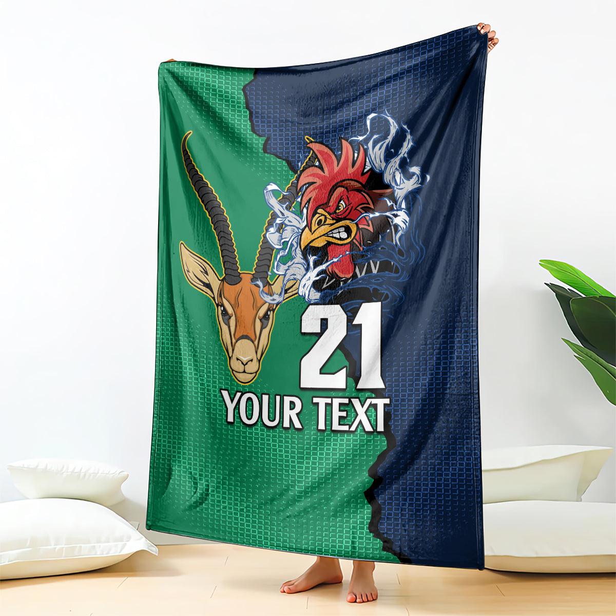 Green & dark blue rugby blanket with rooster, antelope, and 'YOUR TEXT' print.
