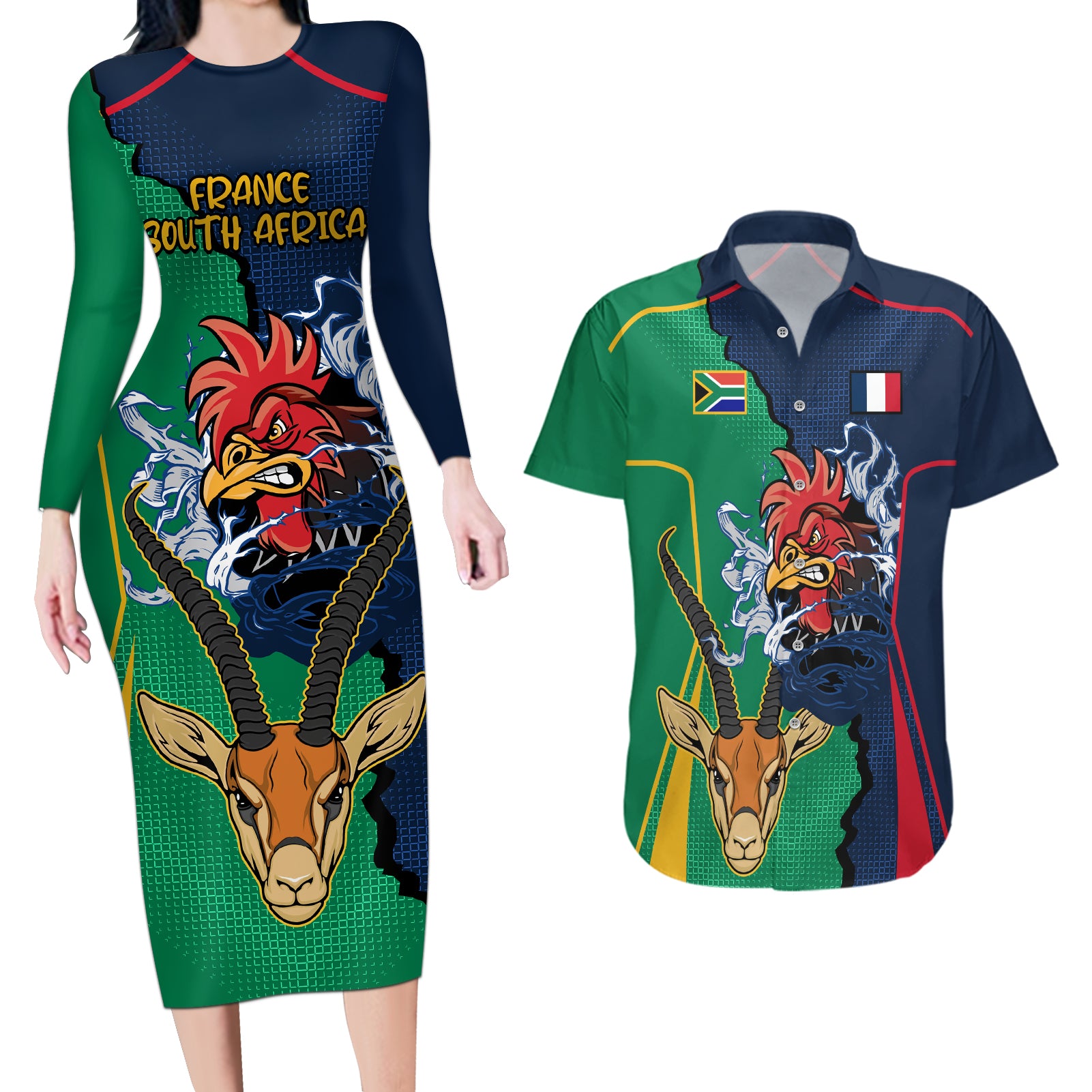 Custom France South Africa Rugby Couples Matching Long Sleeve Bodycon Dress and Hawaiian Shirt Springboks and Gallic Rooster World Cup 2023 LT9 - Wonder Print Shop