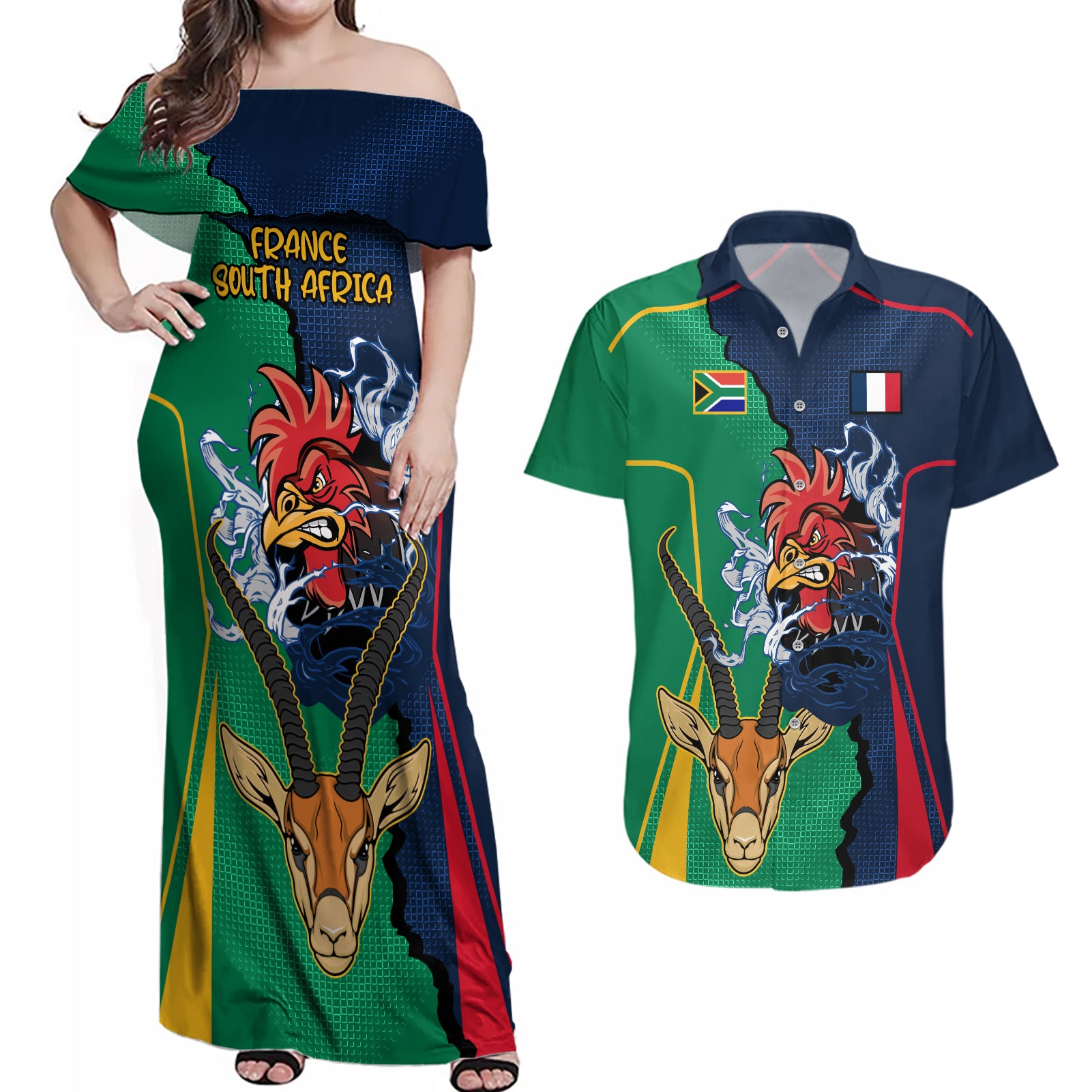 Custom France South Africa Rugby Couples Matching Off Shoulder Maxi Dress and Hawaiian Shirt Springboks and Gallic Rooster World Cup 2023 LT9 - Wonder Print Shop