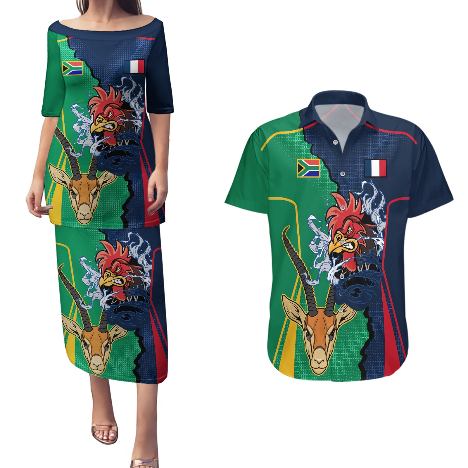 Custom France South Africa Rugby Couples Matching Puletasi Dress and Hawaiian Shirt Springboks and Gallic Rooster World Cup 2023 LT9 - Wonder Print Shop