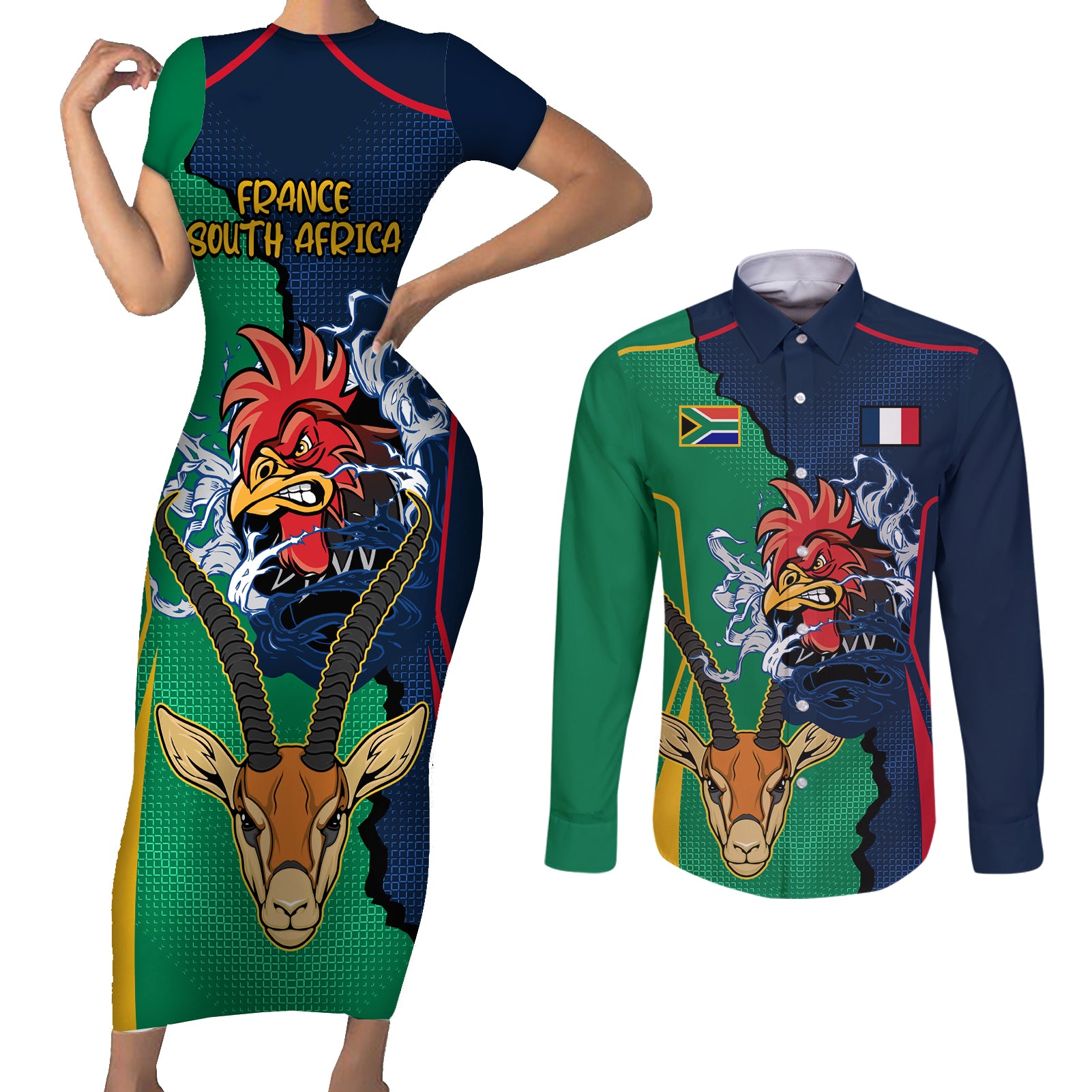 Custom France South Africa Rugby Couples Matching Short Sleeve Bodycon Dress and Long Sleeve Button Shirts Springboks and Gallic Rooster World Cup 2023 LT9 - Wonder Print Shop