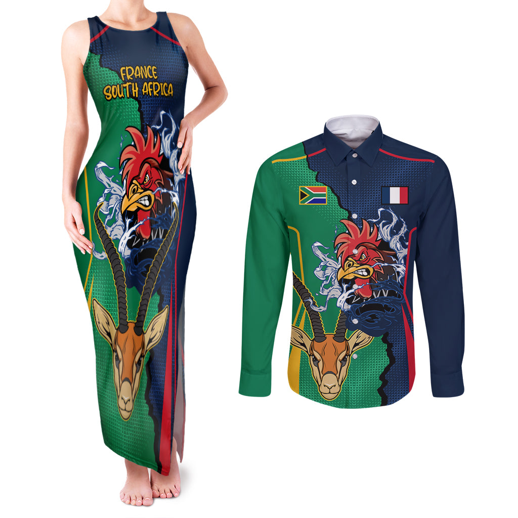 Custom France South Africa Rugby Couples Matching Tank Maxi Dress and Long Sleeve Button Shirts Springboks and Gallic Rooster World Cup 2023 LT9 - Wonder Print Shop