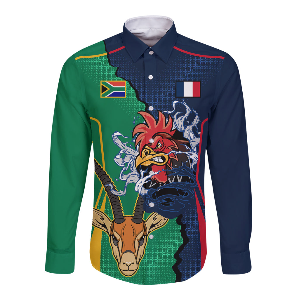Rugby long sleeve button shirt with rooster and springbok graphic, multicolor